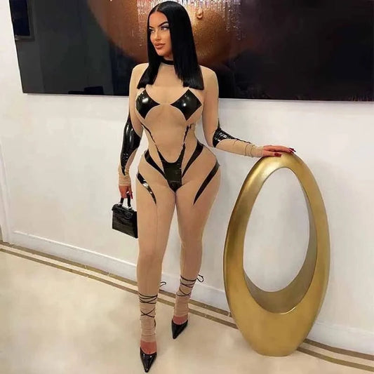 C0174 2024 new mesh and PU leather Patchwork sexy long fitting women's jumpsuit