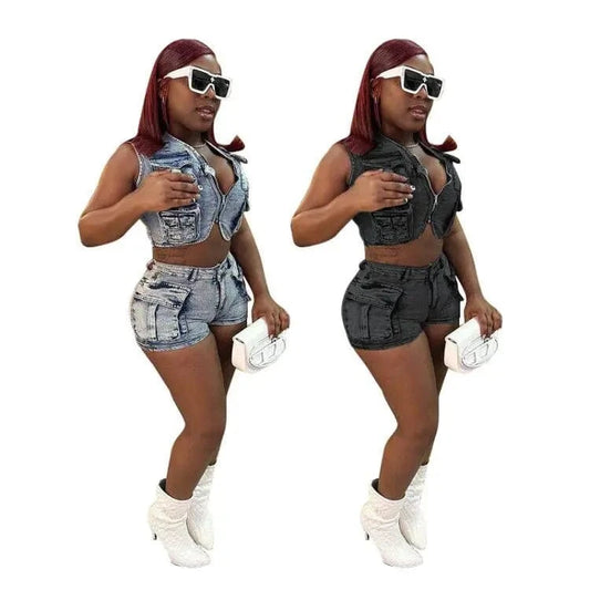 C0298 High quality hot selling multi bag vest top stretch cargo denim shorts women's denim 2 piece set