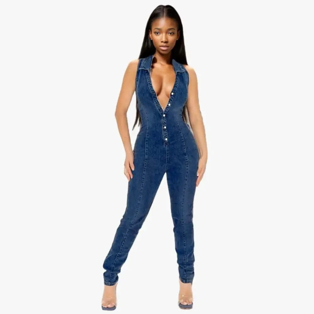 C0305TA88 Fast Shipping  Women's Sexy Sleeveless Lapel Button Down Slim Denim Long Jumpsuit Sehe Fashion