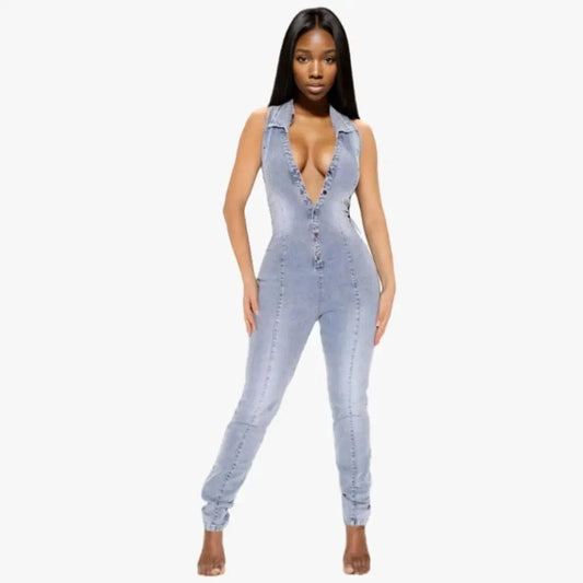 C0305TA88 Fast Shipping  Women's Sexy Sleeveless Lapel Button Down Slim Denim Long Jumpsuit Sehe Fashion