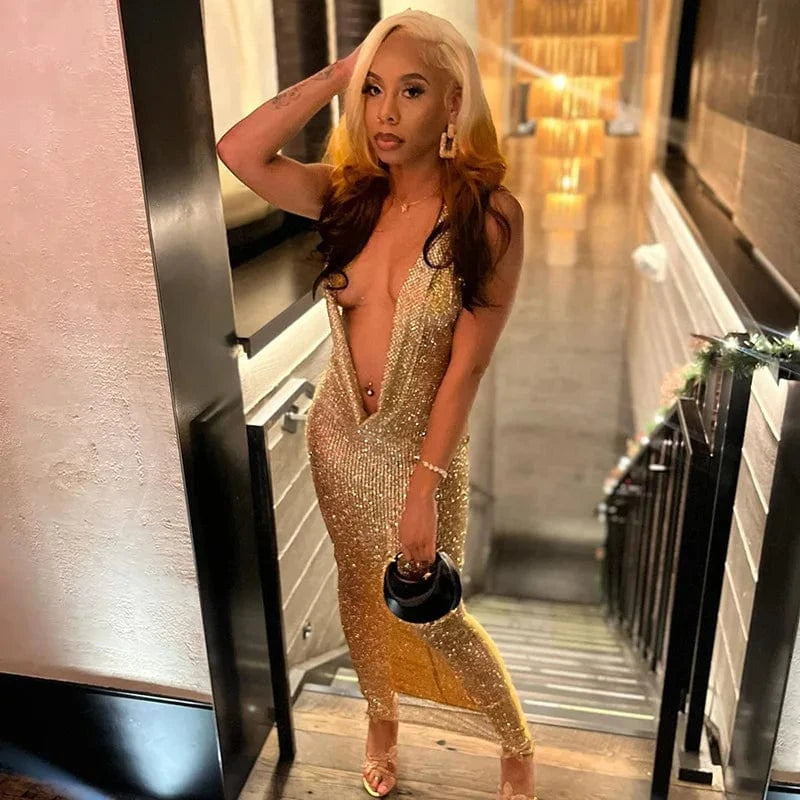 C0374 Summer new sexy sleeveless deep V-neck patchwork hooded long dress