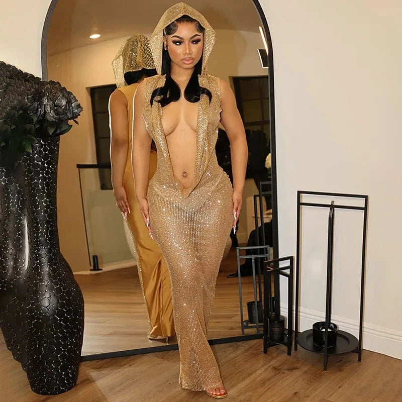 C0374 Summer new sexy sleeveless deep V-neck patchwork hooded long dress