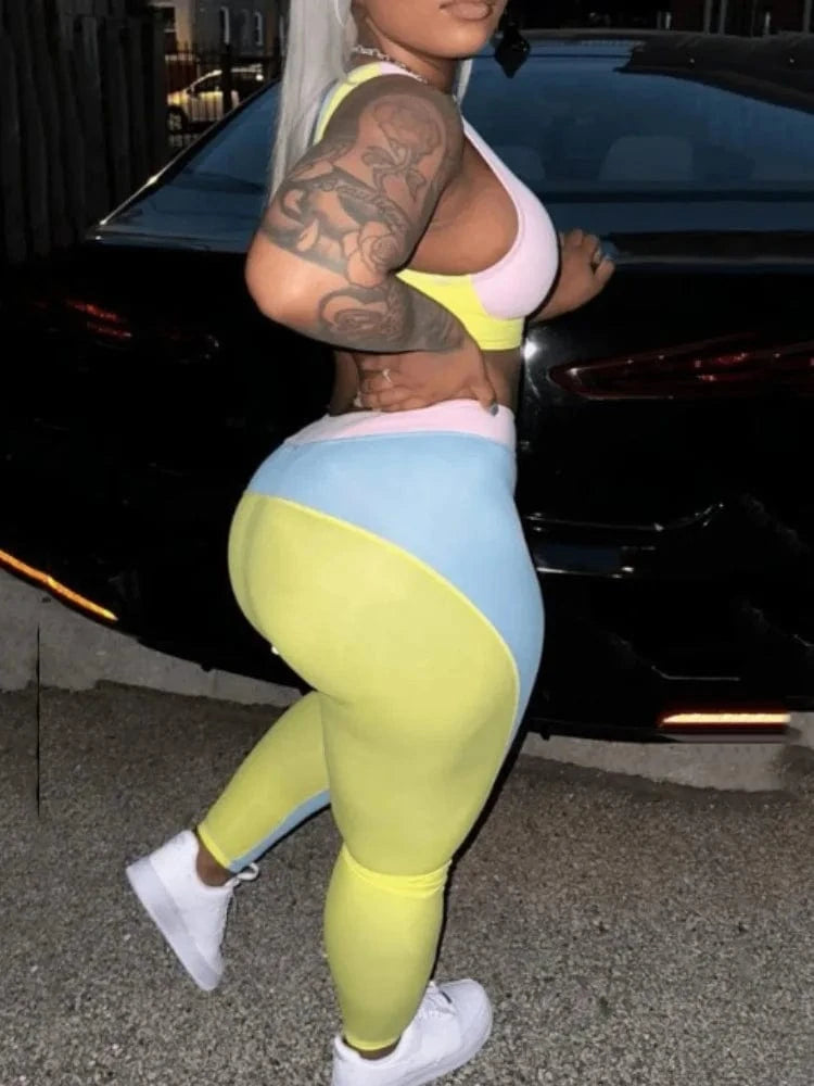 C0379 Fashion casual round neck sleeveless tight fitting letter printed pants set