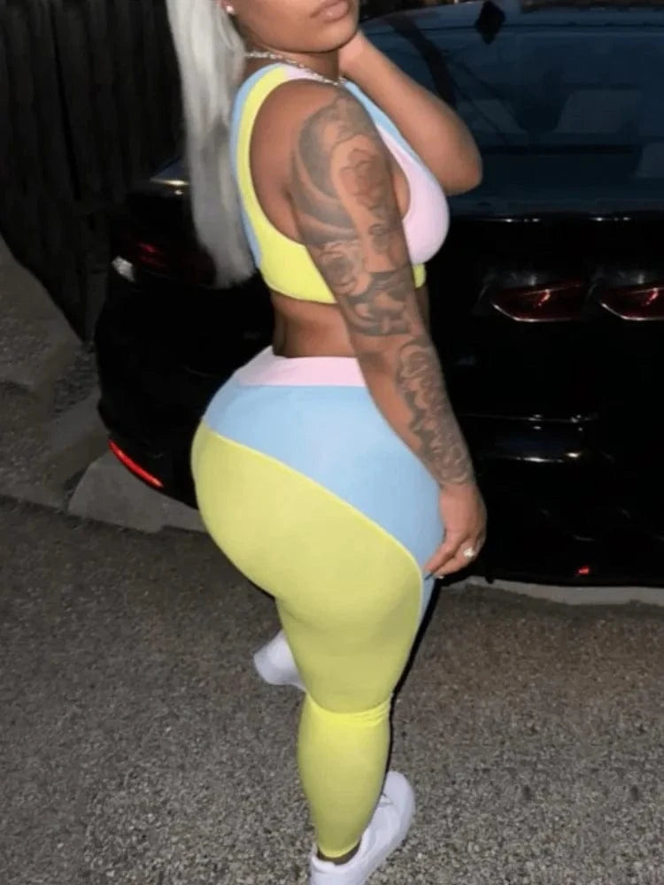 C0379 Fashion casual round neck sleeveless tight fitting letter printed pants set