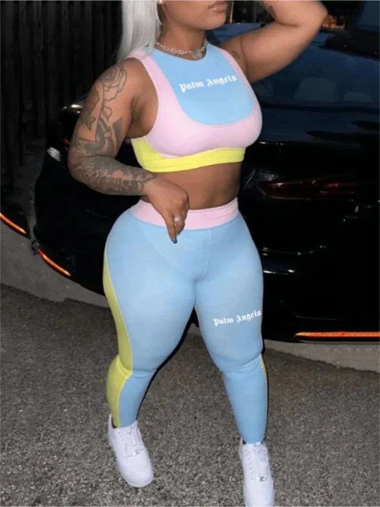 C0379 Fashion casual round neck sleeveless tight fitting letter printed pants set