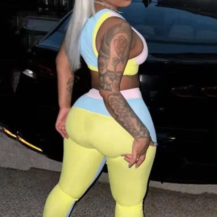 C0379 Fashion casual round neck sleeveless tight fitting letter printed pants set