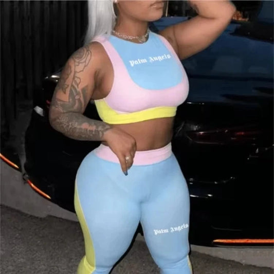 C0379 Fashion casual round neck sleeveless tight fitting letter printed pants set