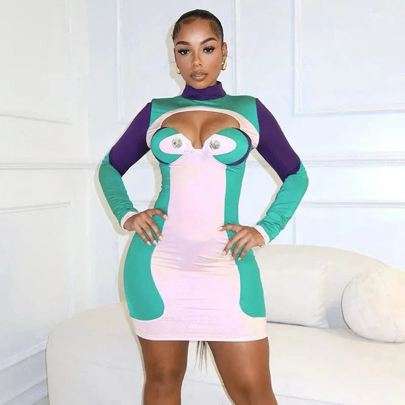 C0808 2024 spring Digital printing contrasting color diamond sexy tight dress for women