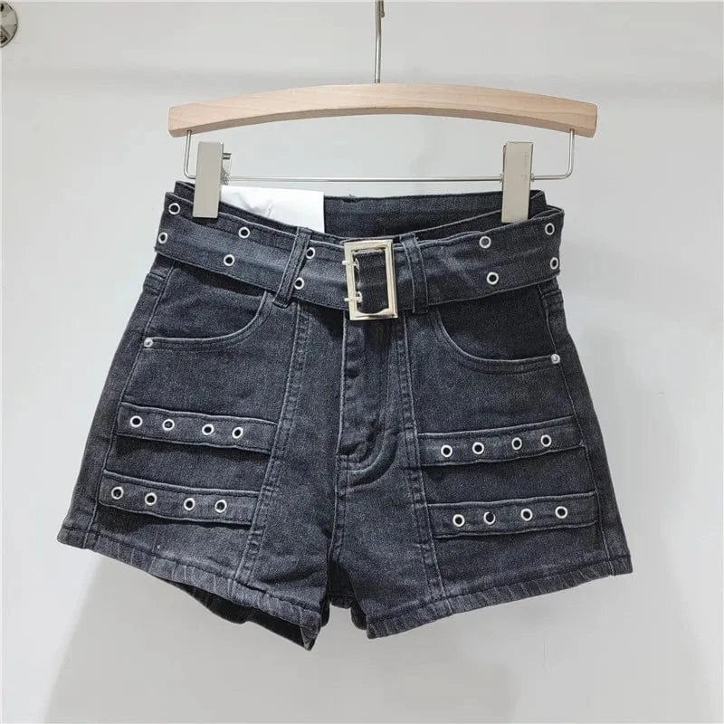 C0833 Retro design high waisted loose stretch casual sports denim shorts for women