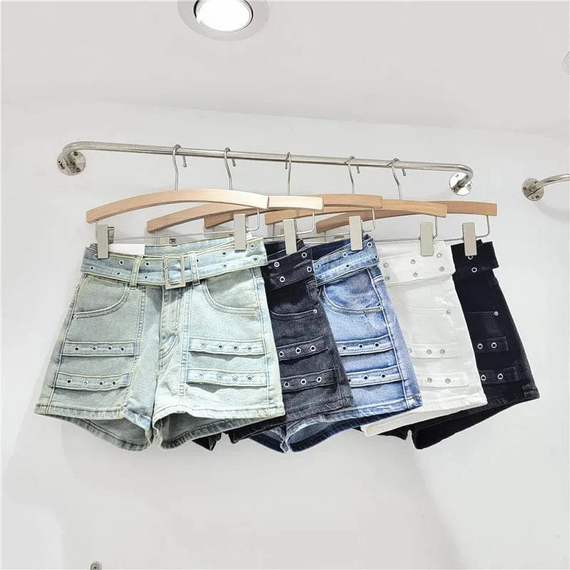 C0833 Retro design high waisted loose stretch casual sports denim shorts for women