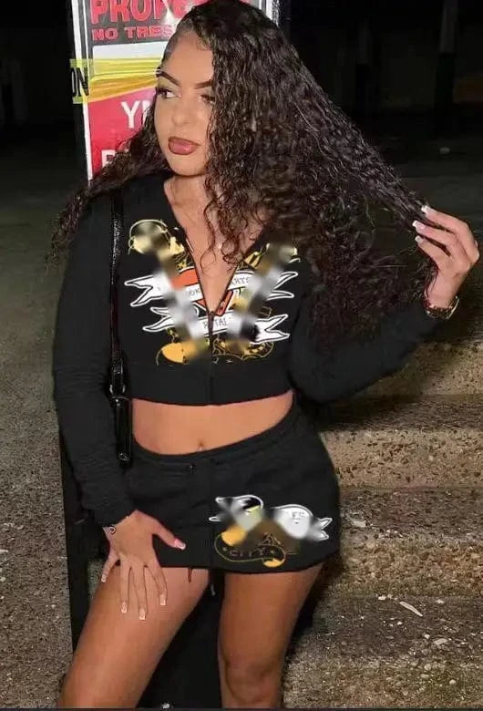 C0941 Hot sales 2024 Fashion casual Long sleeved hooded jacket Y2K printed high waisted skirts set