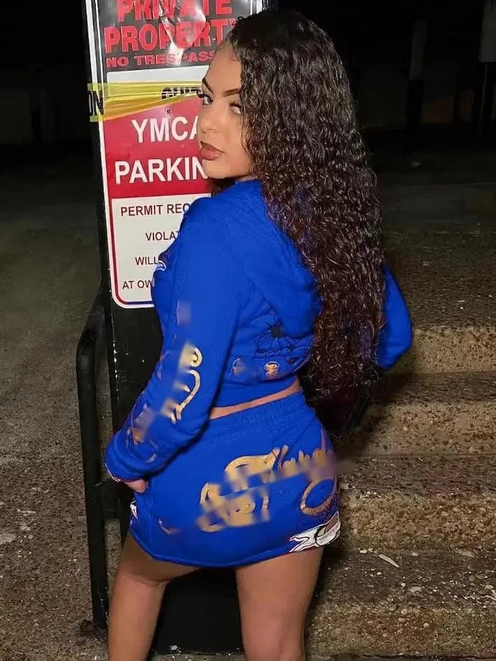 C0941 Hot sales 2024 Fashion casual Long sleeved hooded jacket Y2K printed high waisted skirts set