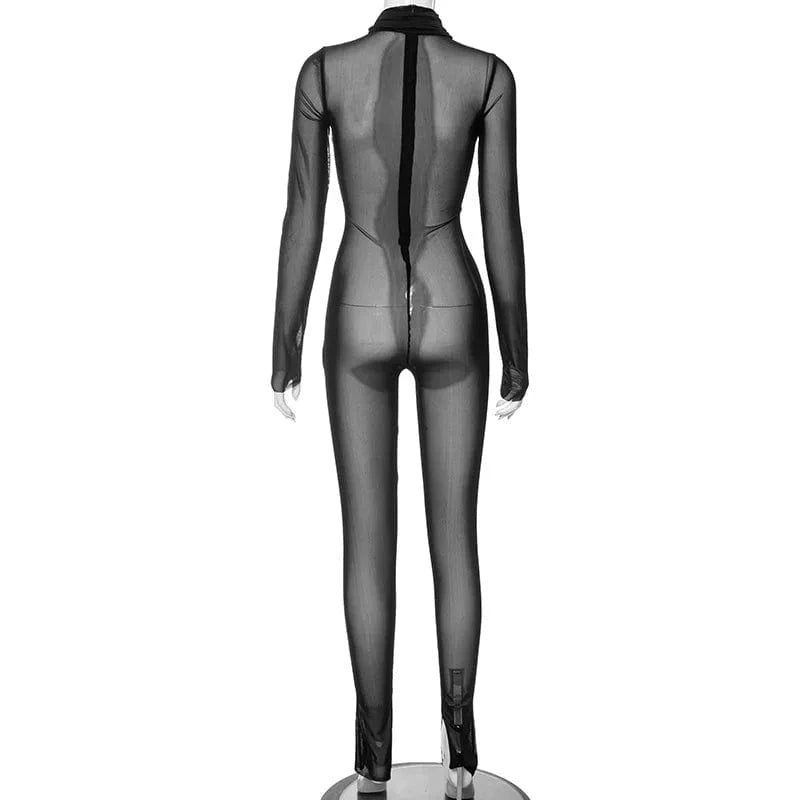C0983 Wholesale Spring Sexy See Through Zipper Cross Halter Neck Mesh Patchwork jumpsuit