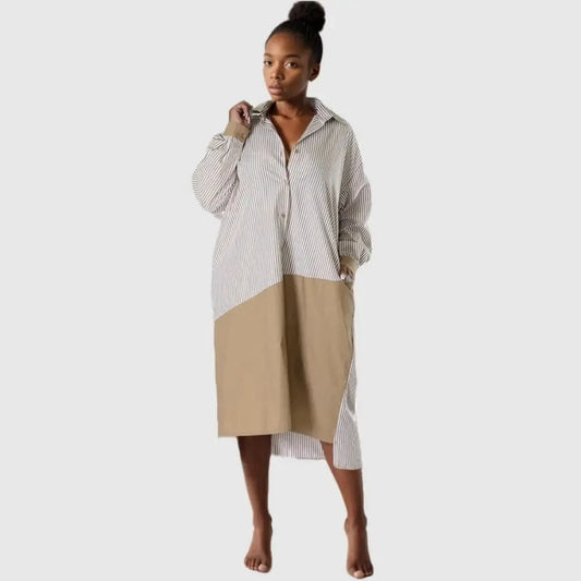 C1002TA37 Stylish Design Casual Contrast Color Striped Print Irregular Shirt Dress Women Sehe Fashion