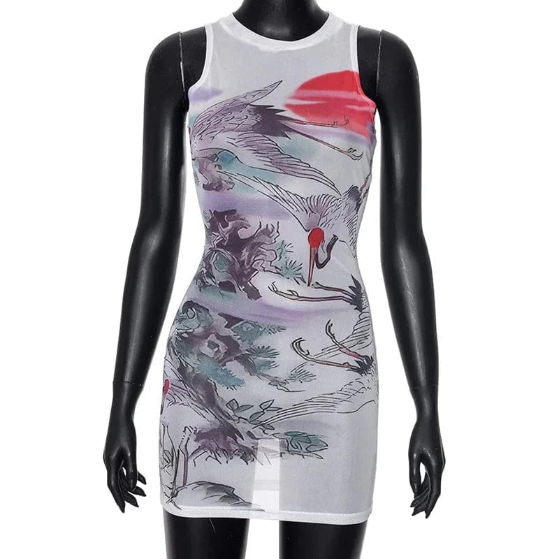 C1013 Fashion retro printed mesh round neck sleeveless tight fitting women's mini dress