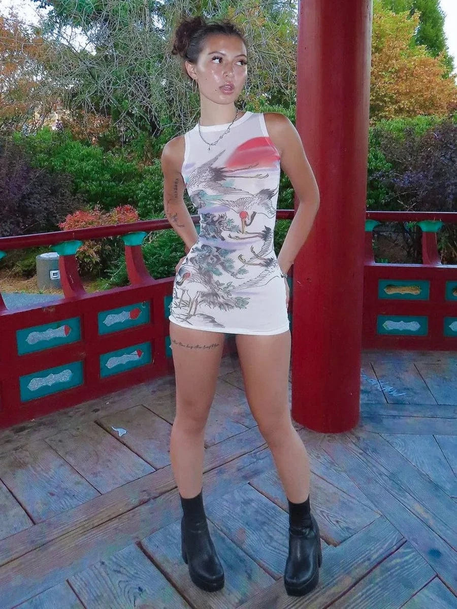 C1013 Fashion retro printed mesh round neck sleeveless tight fitting women's mini dress