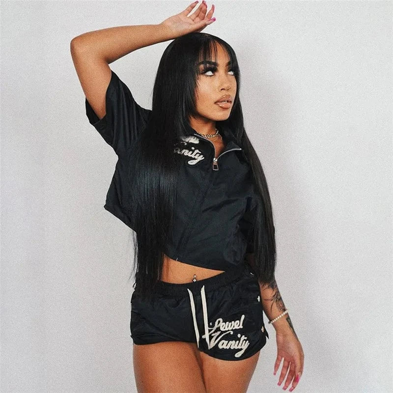 C1194 Summer Fashion Flip Collar Zipper Letter Embroidered High Waist Lace up Shorts Set for Women