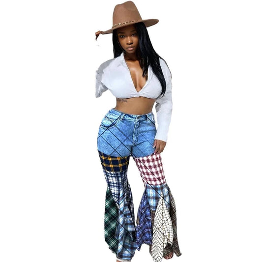 C1202TA6 Hot Sale High Waist Pants Trousers plus size Flare Spliced Flare Denim Wide Leg Straight Jeans Women Sehe Fashion