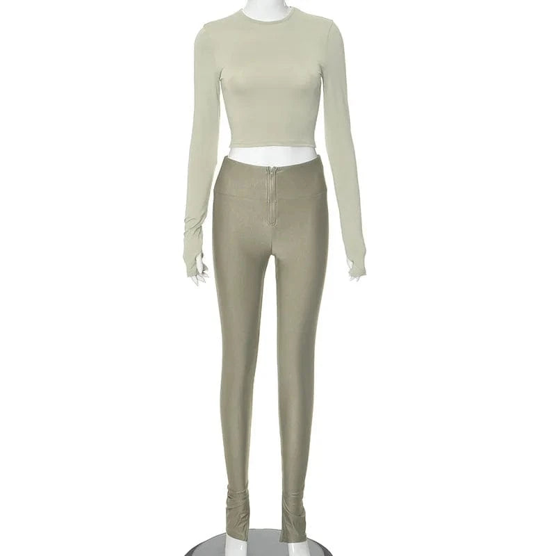 C1488 Winter new women's round neck long sleeved zippered pants casual two-piece set