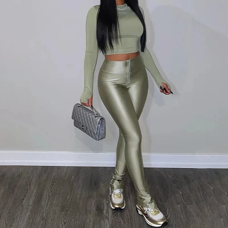 C1488 Winter new women's round neck long sleeved zippered pants casual two-piece set