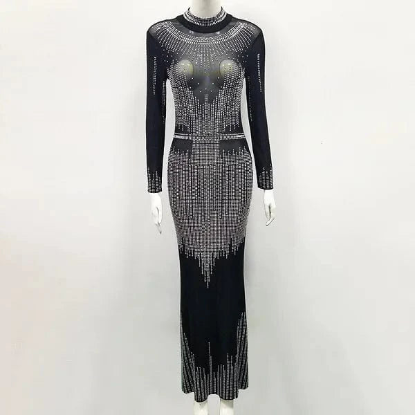 C1869 black wholesale 2024 new arrivals women party wear elegant sexy maxi tight bodycon evening diamond mesh dress