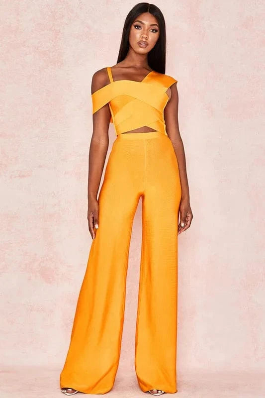 C1991 custom 2024 new arrival high quality orange  women club crop top two piece set sexy  pant set