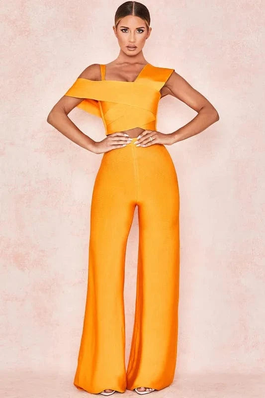 C1991 custom 2024 new arrival high quality orange  women club crop top two piece set sexy  pant set