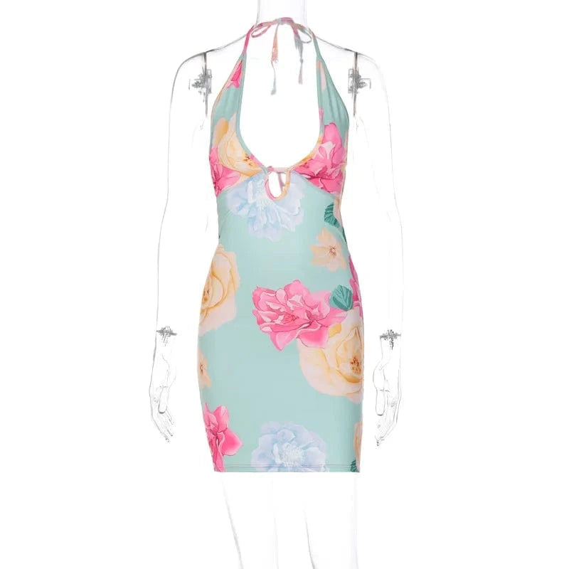 C2261 Summer New Lace Up Sexy Open Back Floral Print Dress Women's Batch