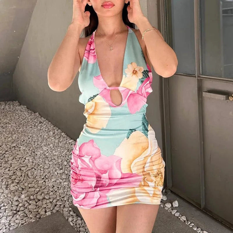 C2261 Summer New Lace Up Sexy Open Back Floral Print Dress Women's Batch
