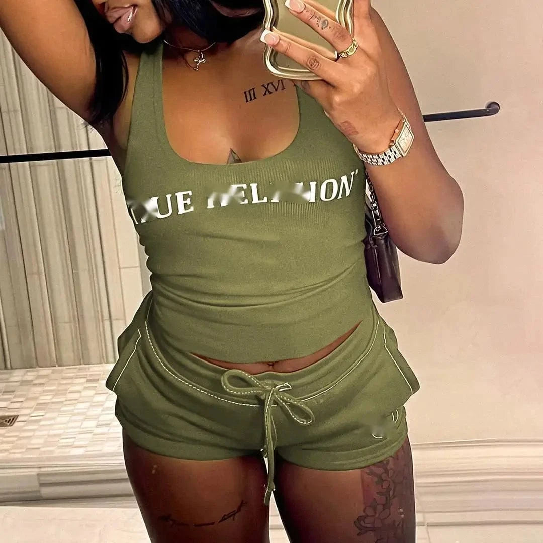 C2287 Summer High Quality Sports and Casual Tank Top Women's Shorts 2 piece Set