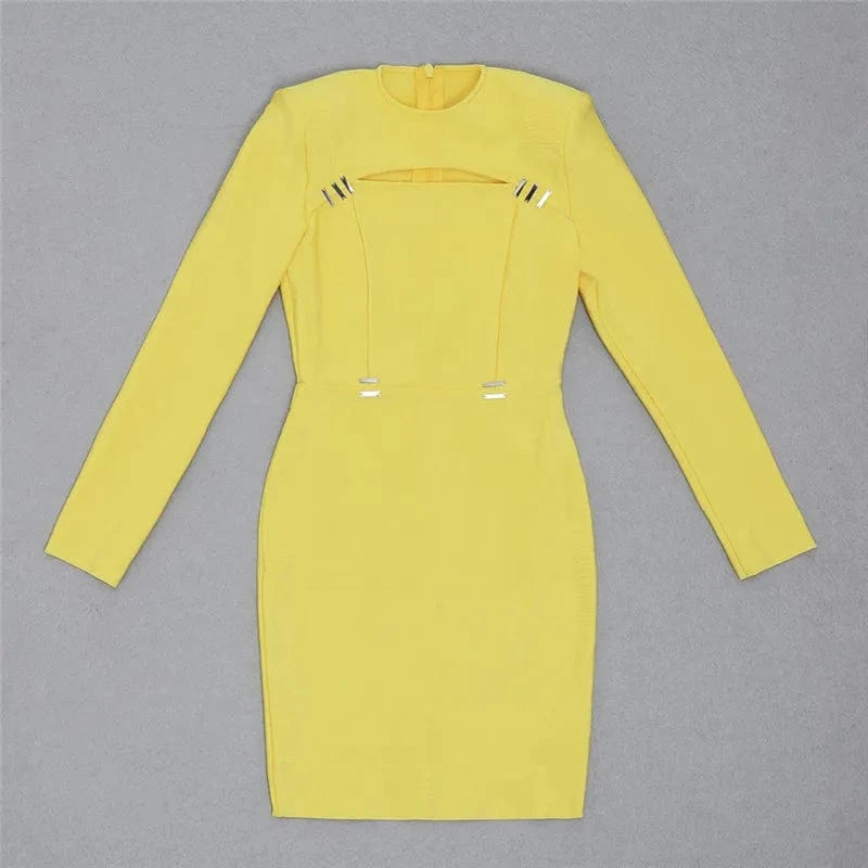 C2459 2024 Latest O Neck Hollow Out High Quality Yellow Dress Long Sleeve Women