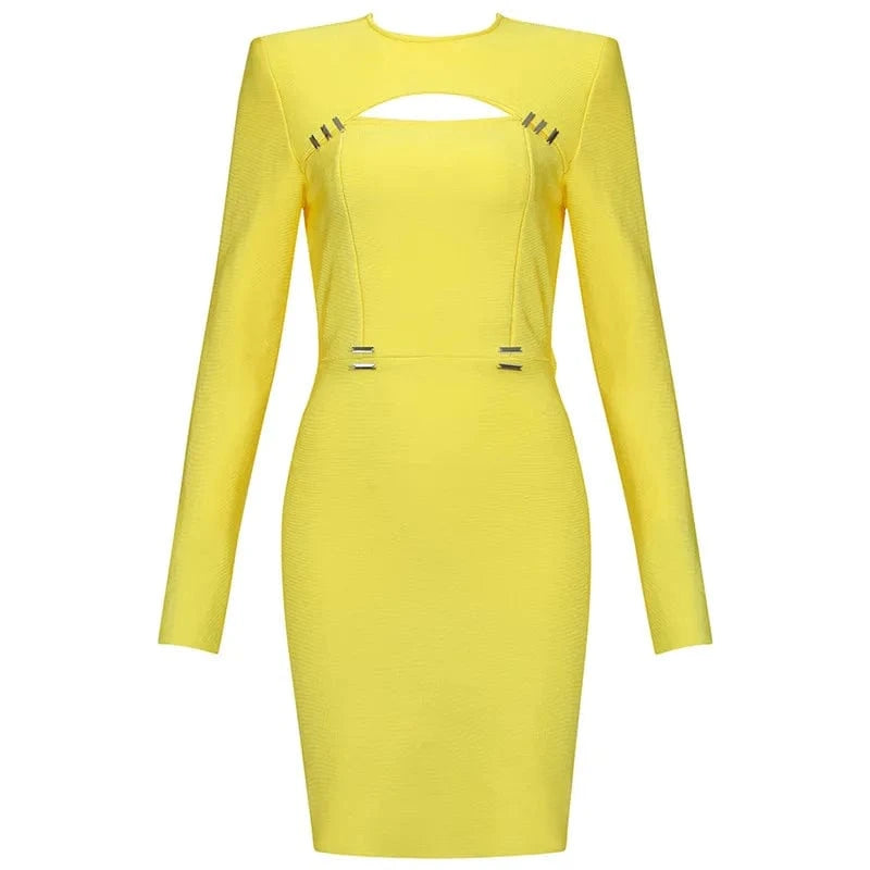C2459 2024 Latest O Neck Hollow Out High Quality Yellow Dress Long Sleeve Women