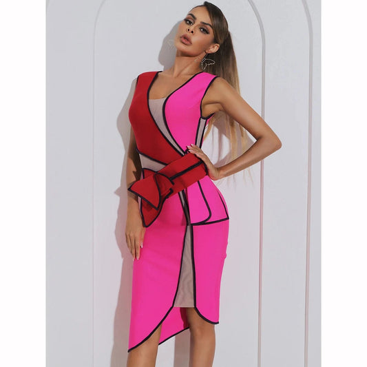 C2672 New Style Contrast Color Irregular Women Bodycon Midi Dresses Stretch Bandage Dress