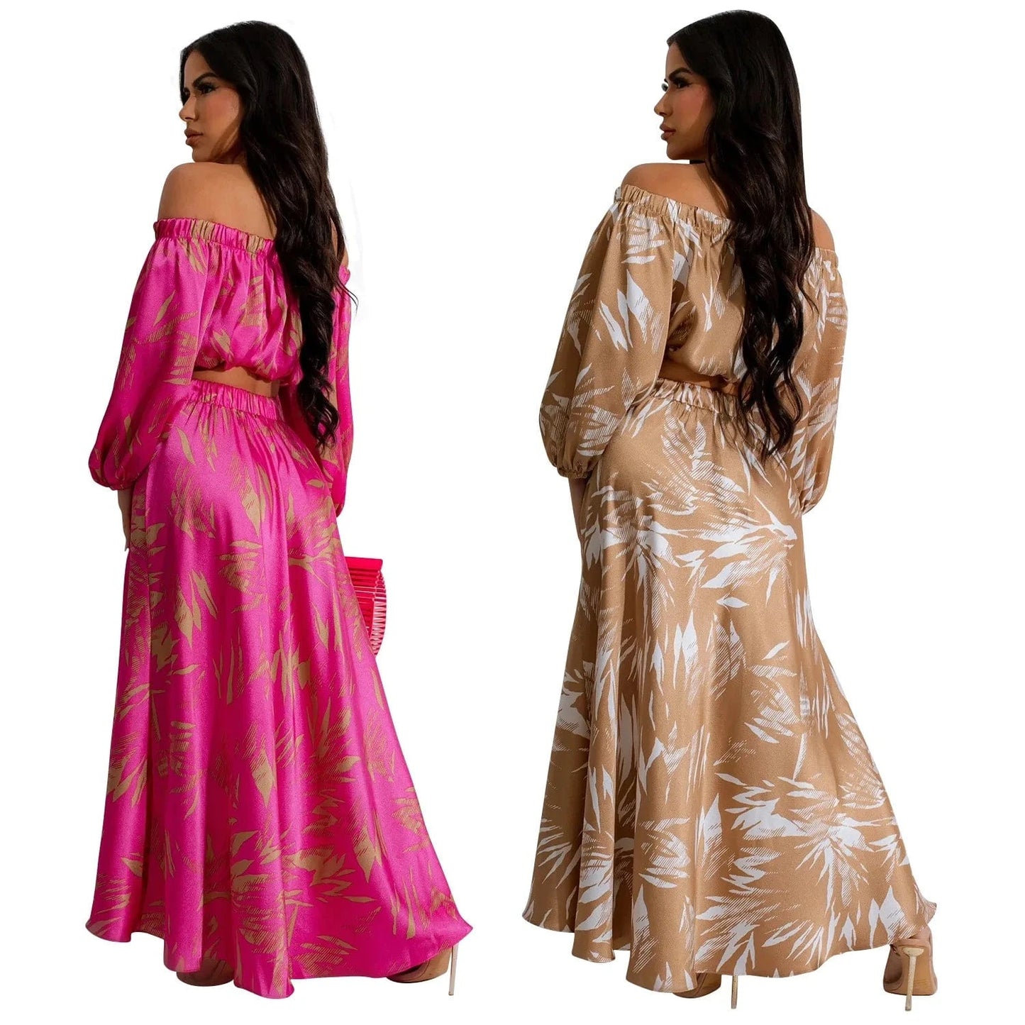 C6881 2024 New Arrivals Spring Summer Sexy Print Crop Top Long Sleeve + A-line Skirt Women s Sets