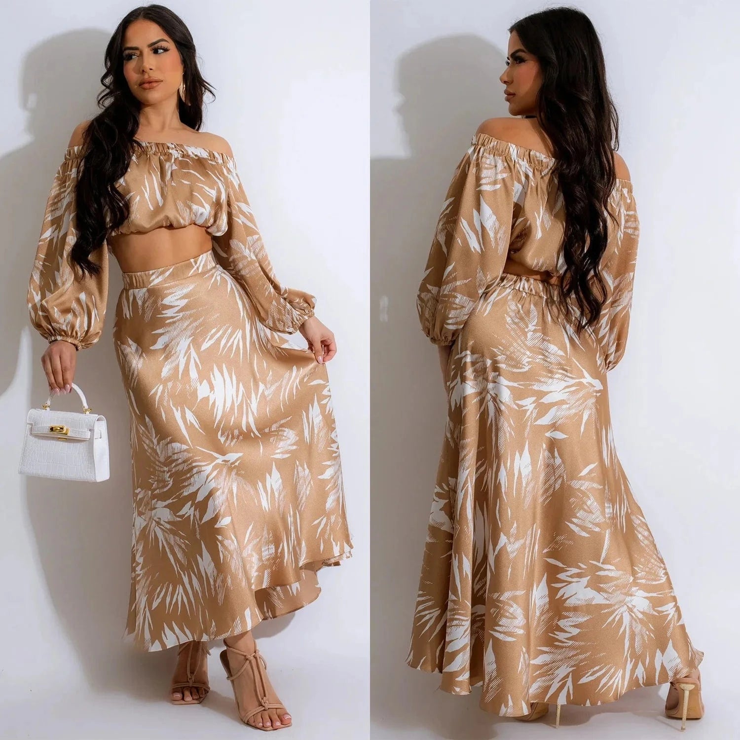 C6881 2024 New Arrivals Spring Summer Sexy Print Crop Top Long Sleeve + A-line Skirt Women s Sets