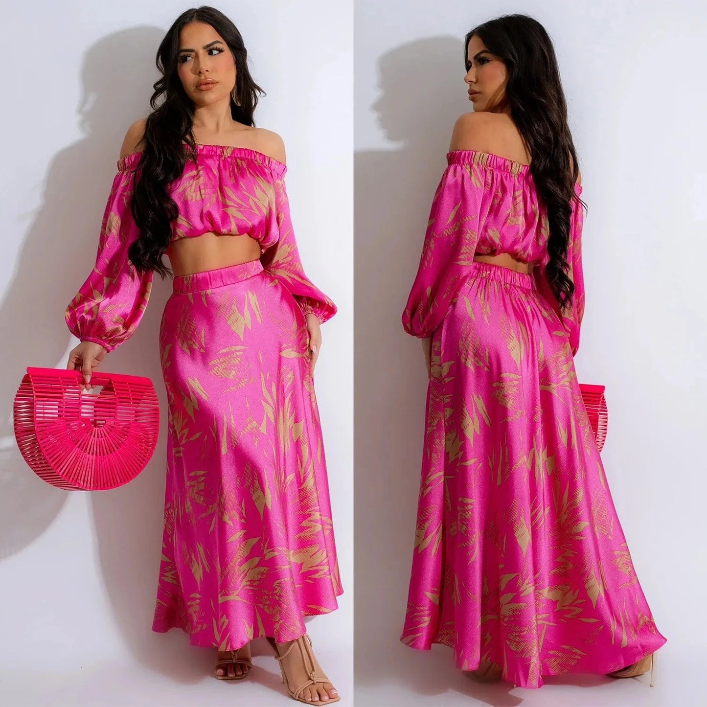 C6881 2024 New Arrivals Spring Summer Sexy Print Crop Top Long Sleeve + A-line Skirt Women s Sets