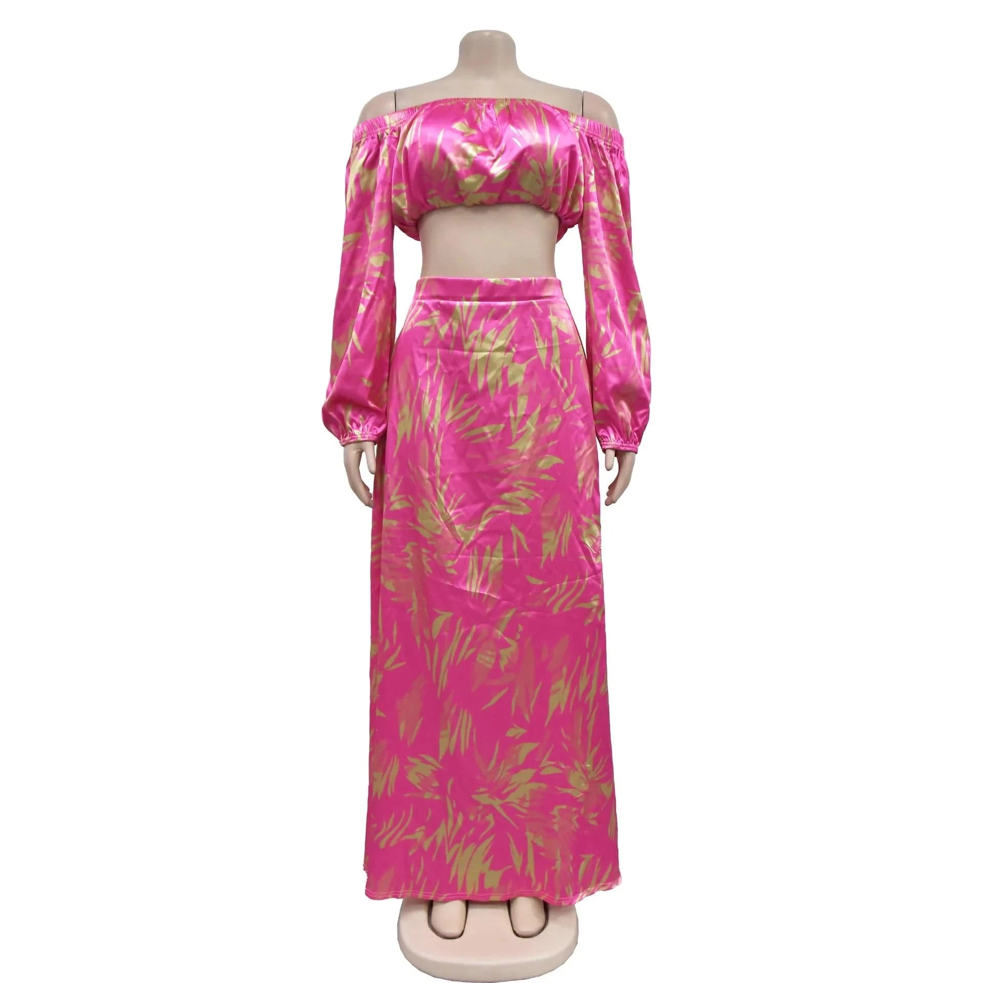 C6881 2024 New Arrivals Spring Summer Sexy Print Crop Top Long Sleeve + A-line Skirt Women s Sets