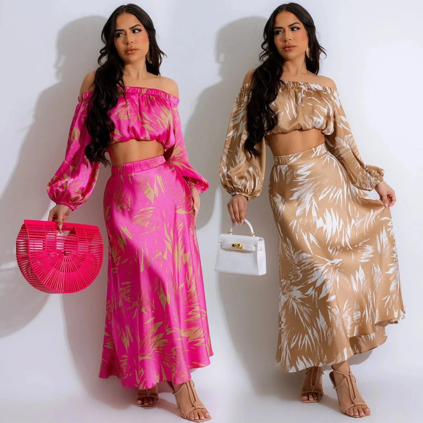 C6881 2024 New Arrivals Spring Summer Sexy Print Crop Top Long Sleeve + A-line Skirt Women s Sets