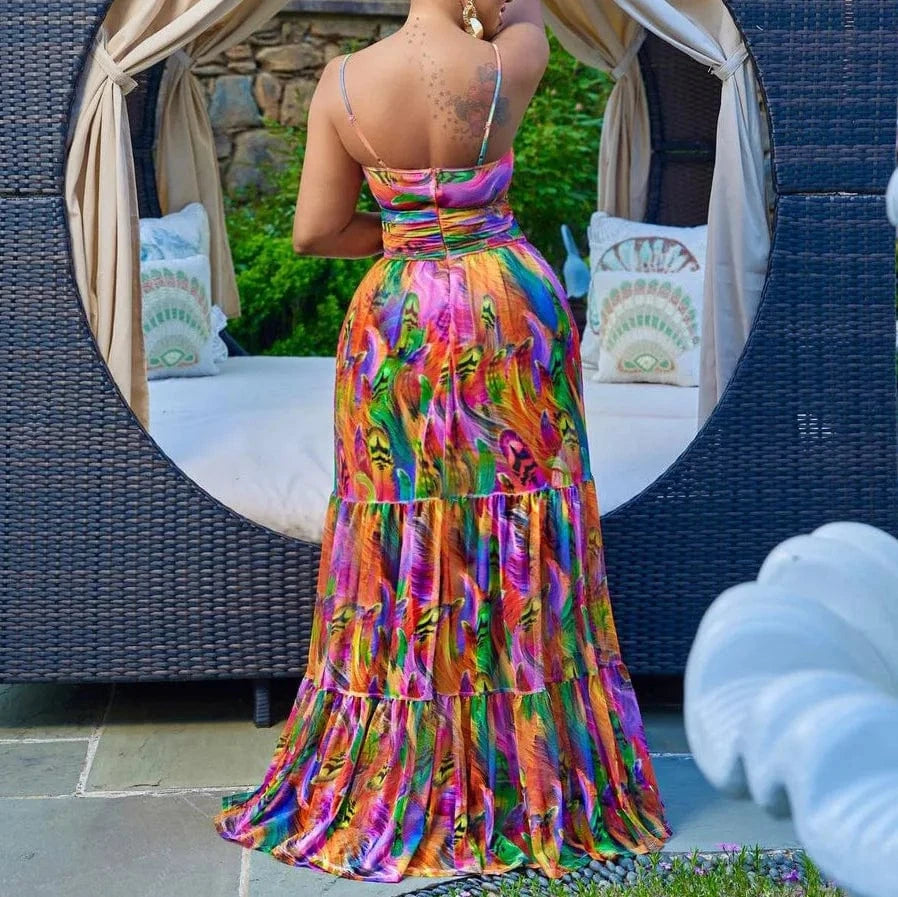C8465 Fashion American Africa Clothing Plus Size Maxi Dresses Women Summer Beach Print Sundress Strap Sexy Dress Casual Dresses