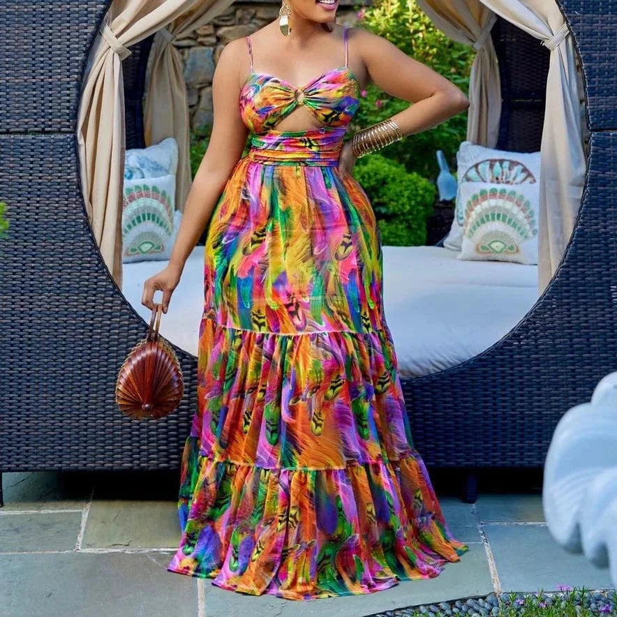 C8465 Fashion American Africa Clothing Plus Size Maxi Dresses Women Summer Beach Print Sundress Strap Sexy Dress Casual Dresses