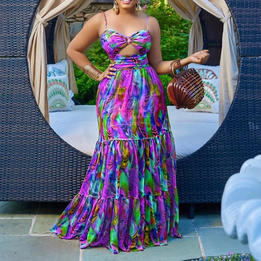 C8465 Fashion American Africa Clothing Plus Size Maxi Dresses Women Summer Beach Print Sundress Strap Sexy Dress Casual Dresses