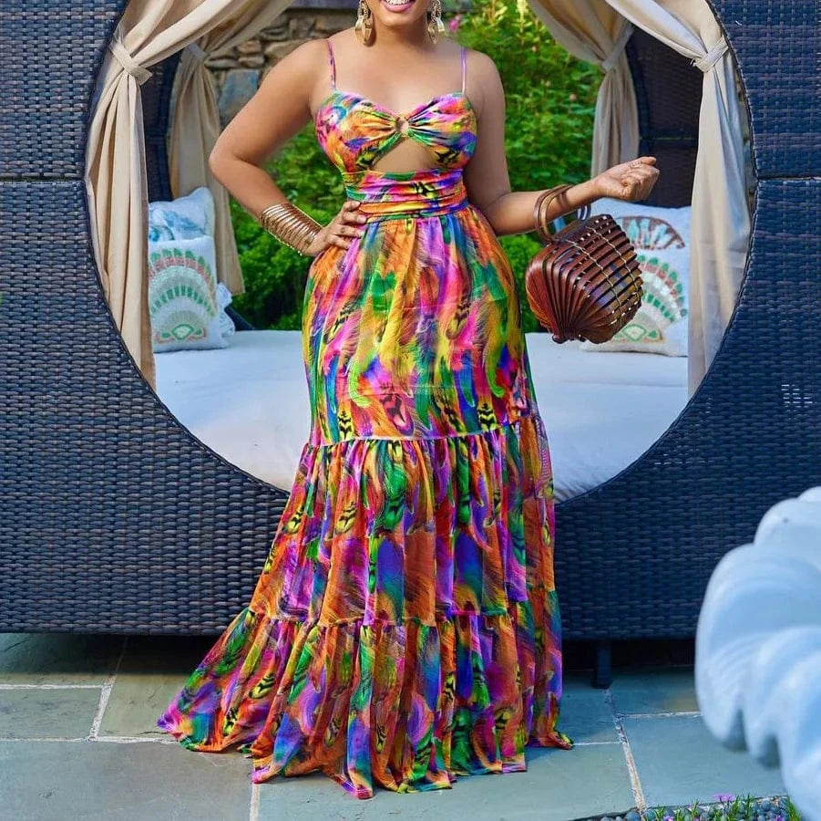 C8465 Fashion American Africa Clothing Plus Size Maxi Dresses Women Summer Beach Print Sundress Strap Sexy Dress Casual Dresses