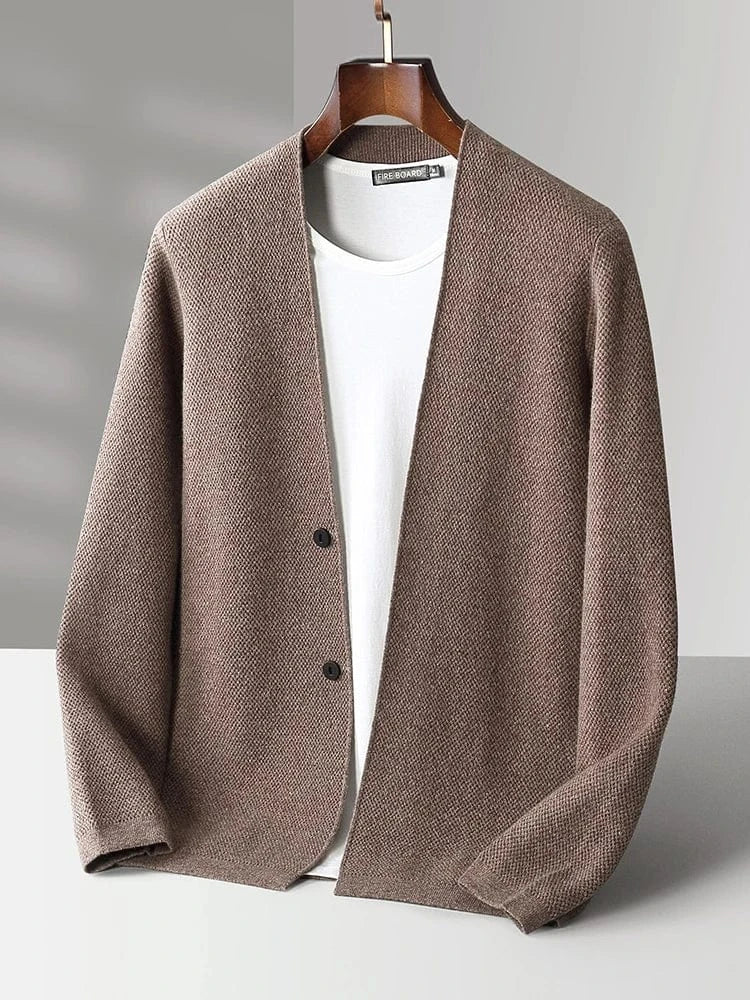 Camel / XL CHICUU Autumn Winter Men Cashmere Sweater Coat Basic V-neck Cardigan 100% Merino Wool Knitwear Smart Casual Jacket Korean Tops