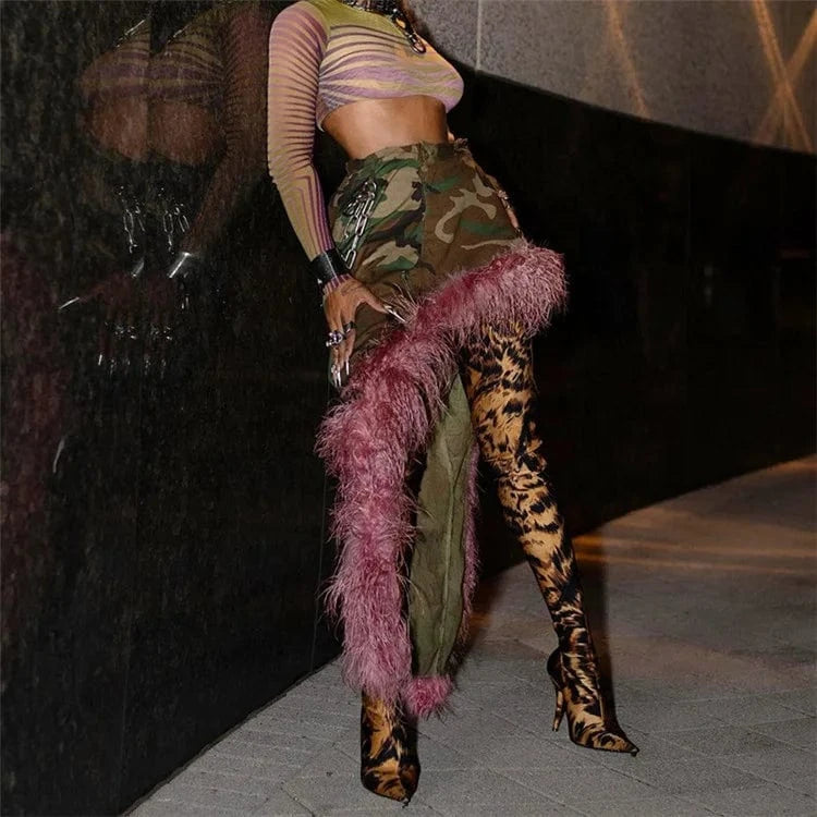 Camouflage Print Patchwork Fur Maxi Skirts Women Fashion High Waist Split Bodycon Skirt 2024