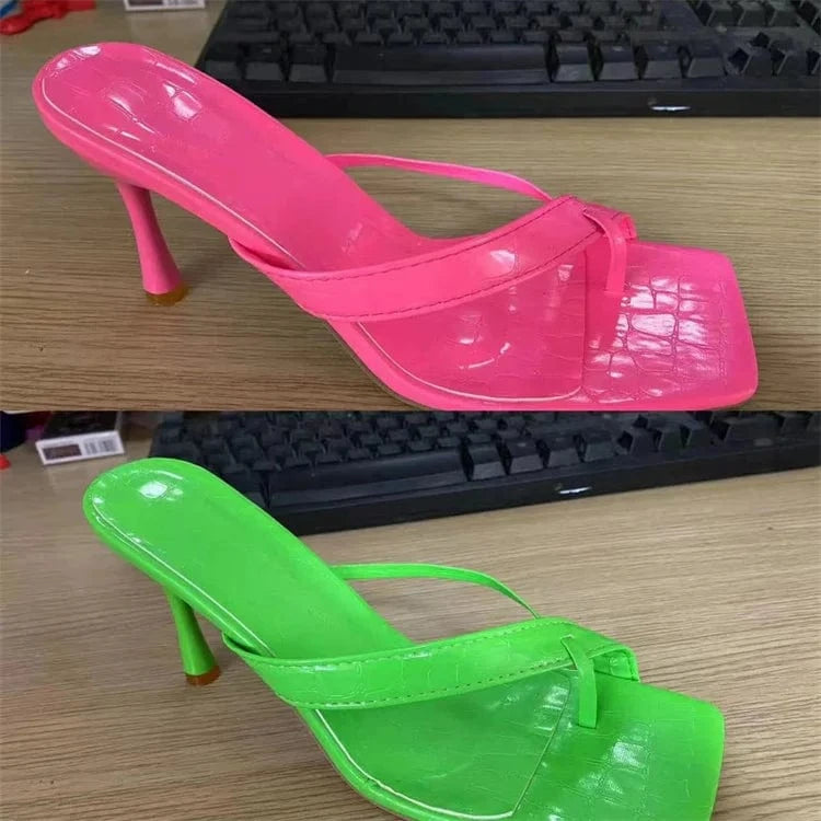 Candy-colored Women New Snake Grain Leather Stiletto Heel Flip Flops High Heeled Sandals Slippers Female Large Size Sandal