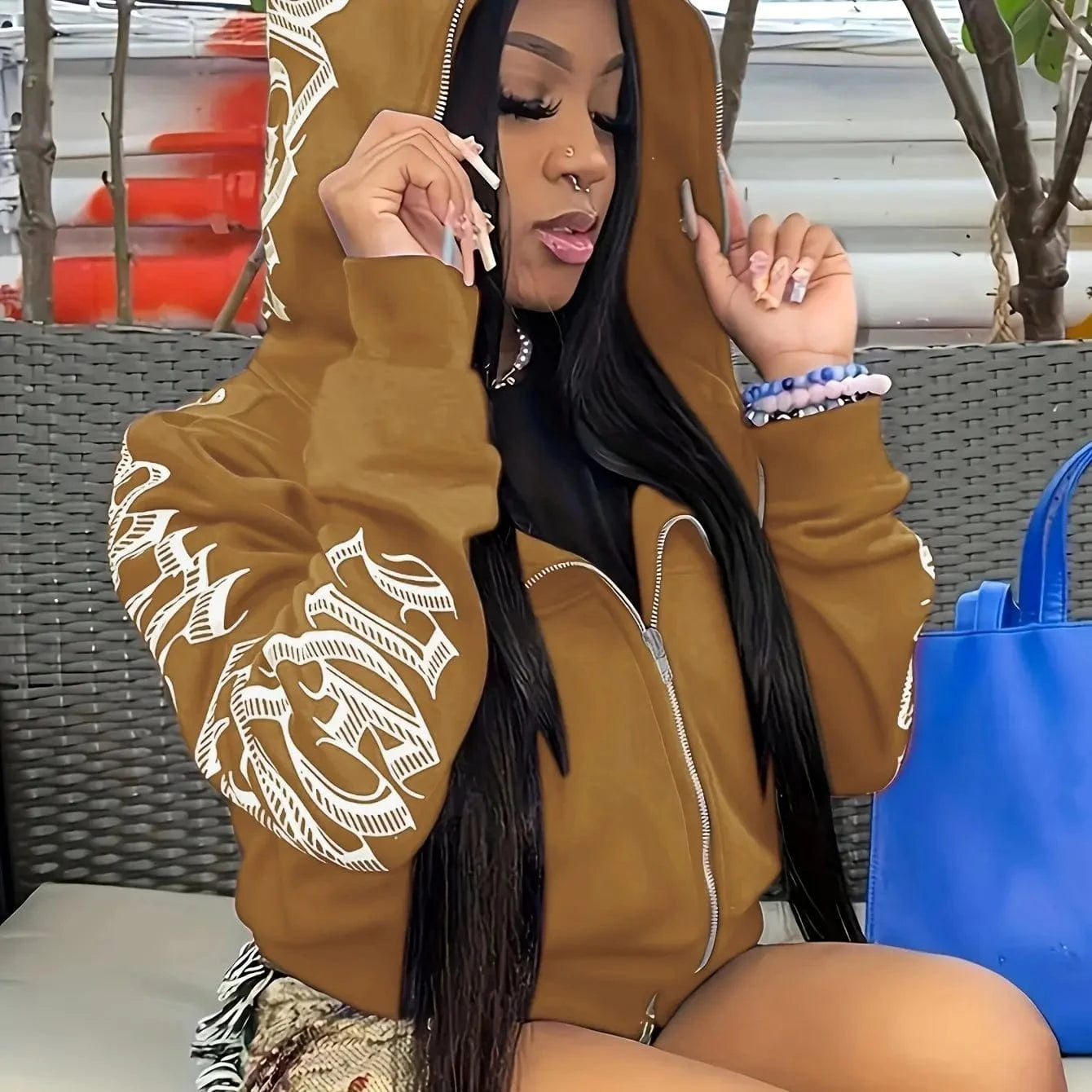 Caramel Colour / S Letter Print Long Sleeve Zip Up Hoodies, Cyber Y2K Gothic Punk Sweatshirt, Women's Clothing