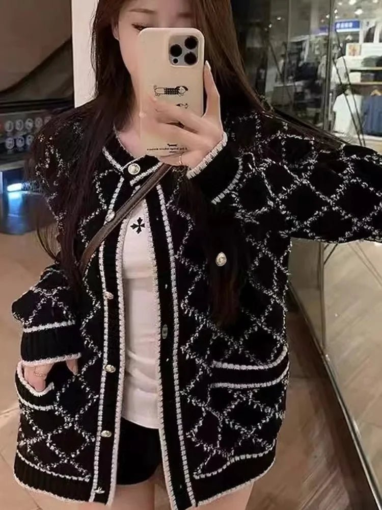 Cardigan With Diamond Knit Pattern And Functional Pockets - Elegant Casual Sophisticated Everyday Wear - SN Wigs & More