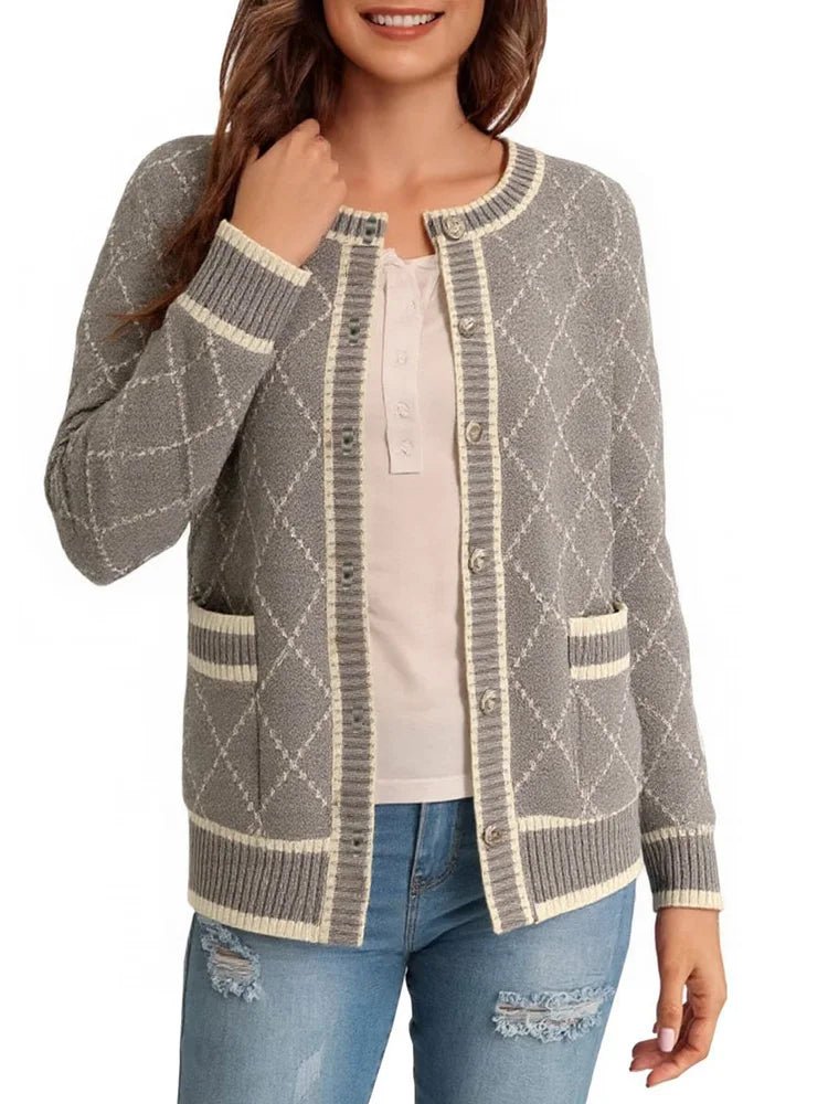 Cardigan With Diamond Knit Pattern And Functional Pockets - Elegant Casual Sophisticated Everyday Wear - SN Wigs & More