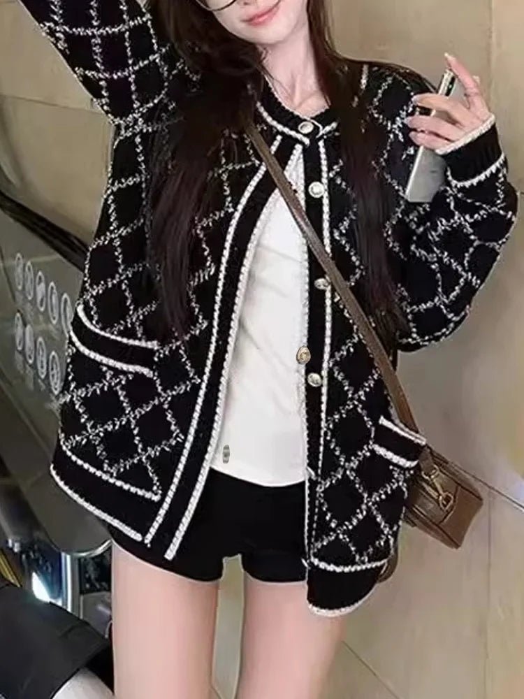 Cardigan With Diamond Knit Pattern And Functional Pockets - Elegant Casual Sophisticated Everyday Wear - SN Wigs & More