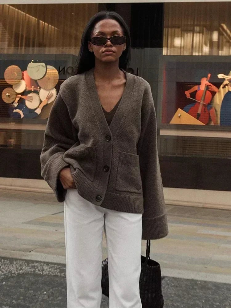 Cardigan With V - Neck And Pockets Casual Retro Loose Knit - SN Wigs & More